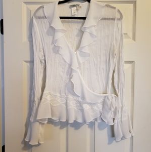 White ruffle wrap tie blouse